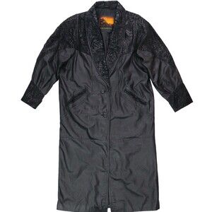 Outbrook Long Leather Trench Coat Women's Large Black Brocade Vintage 90's